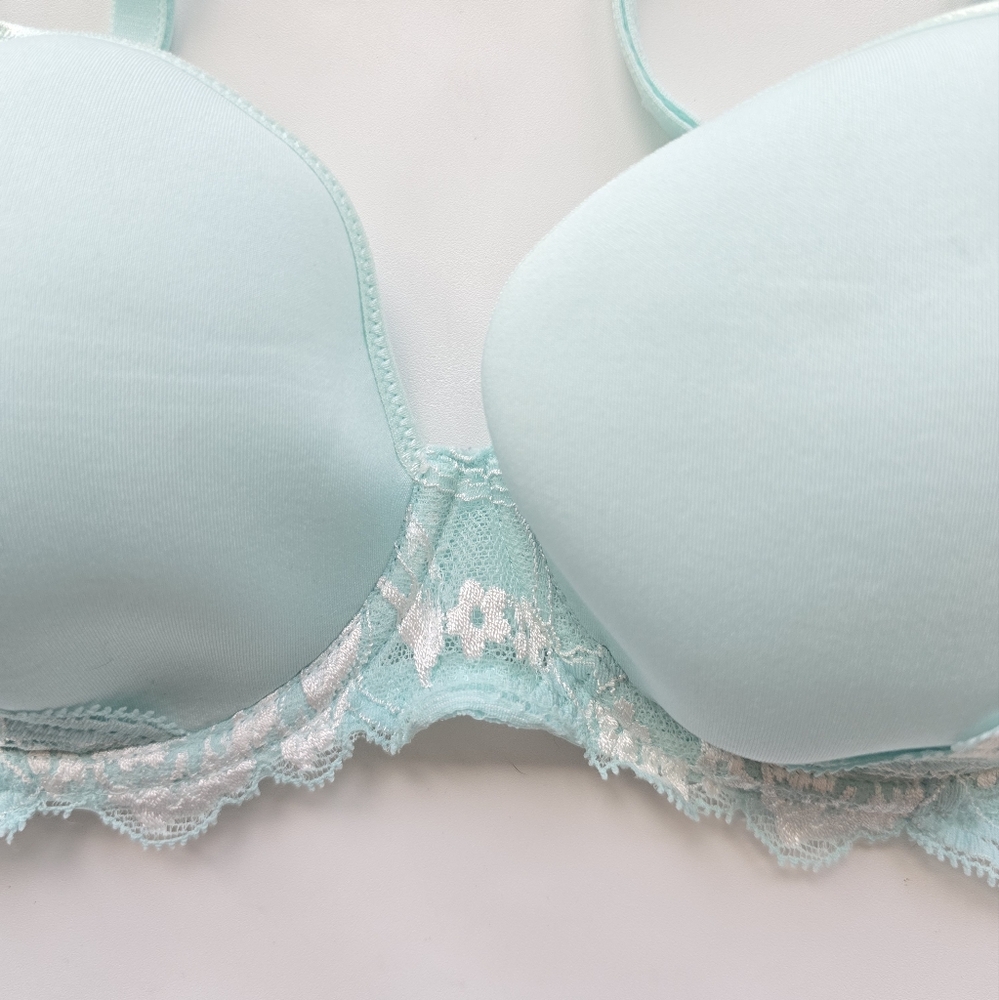 new Simone Perele Amour Plunge Underwire Bra Moulded Cups Blue Lace Size 32D - Picture 5 of 13